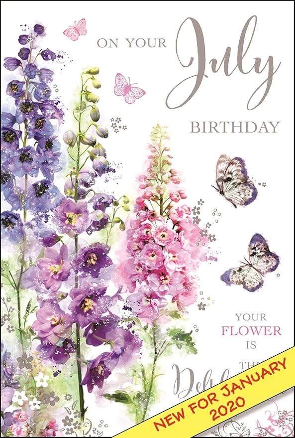 This Jonny Javelin July Birthday Card - Delphinium Flower Artistic Female Birthday Card with Foil Flitter and Embossed Finish is a Greeting Card priced at £ 3.49 from Made To Be Treasured range. Produced by Jonny Javelin for excellent quality