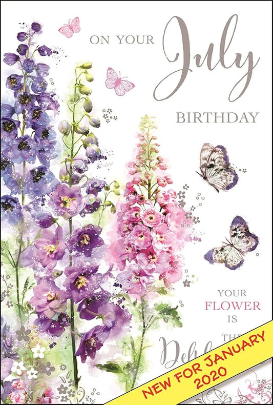 This Jonny Javelin July Birthday Card - Delphinium Flower Artistic Female Birthday Card with Foil Flitter and Embossed Finish is a Greeting Card priced at £ 3.49 from Made To Be Treasured range. Produced by Jonny Javelin for excellent quality