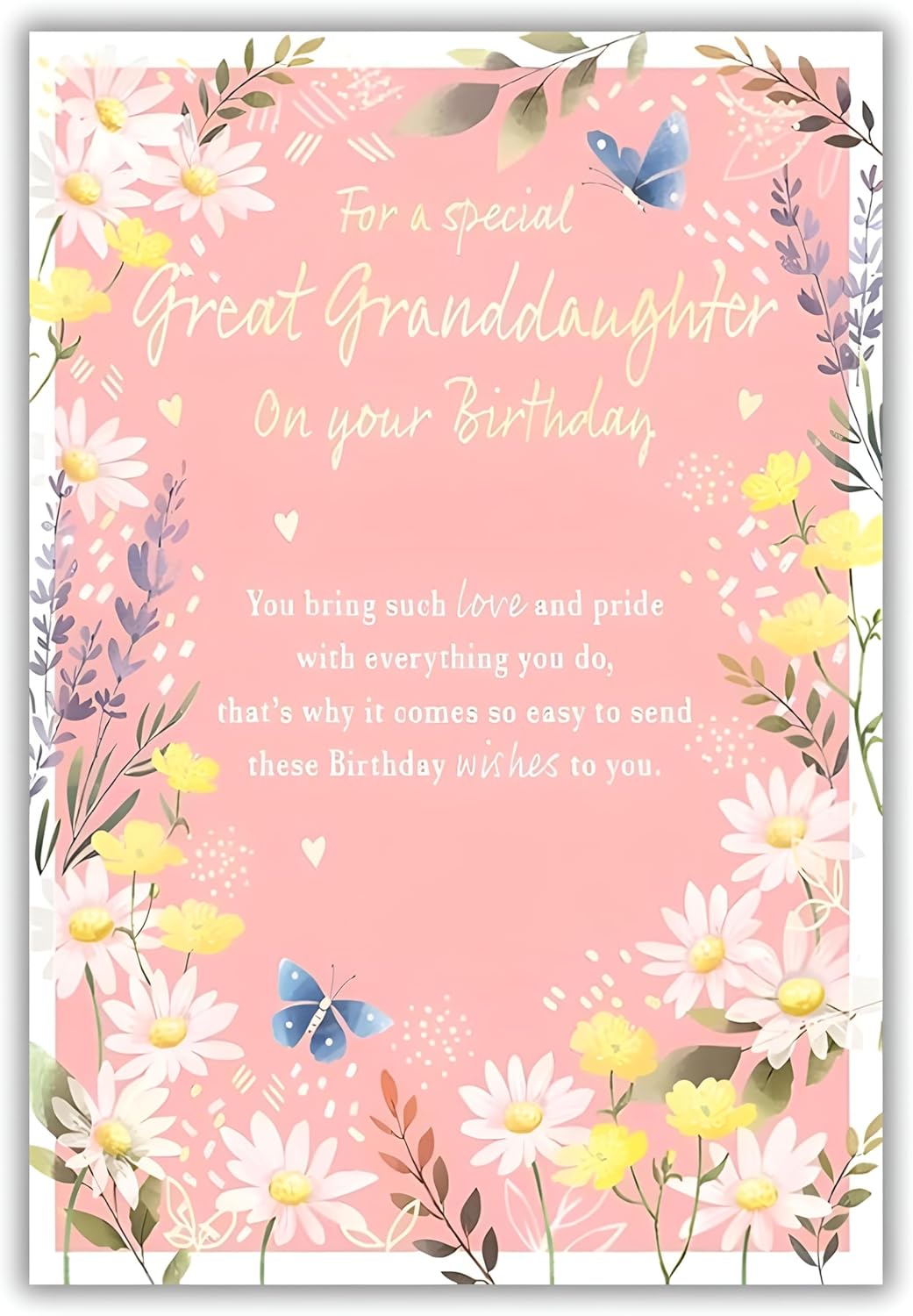 This Great Granddaughter Birthday Card - Daisy & Butterfly Design - IC&G Code 75 (228x157mm) is a Greeting & Note Cards priced at £ 3.39 from Made To Be Treasured range. Produced by ICG for excellent quality