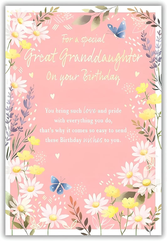 This Great Granddaughter Birthday Card - Daisy & Butterfly Design - IC&G Code 75 (228x157mm) is a Greeting & Note Cards priced at £ 3.39 from Made To Be Treasured range. Produced by ICG for excellent quality