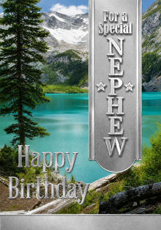 Special Nephew Birthday Card – Scenic Lake & Mountain Design