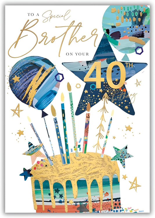 This Brother 40th Birthday Card – Cake & Gold Foil is a Greeting Card priced at £ 3.49 from Made To Be Treasured range. Produced by Words n Wishes for excellent quality