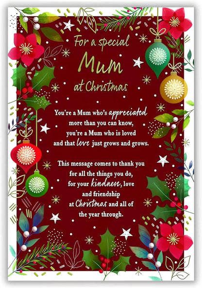 Mum Christmas Card – Festive Red Floral & Bauble Design ICG Made To Be Treasured