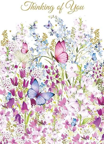 This Thinking of You Card – Purple and Pink Wildflowers with Butterflies is a Greeting Card priced at £ 2.99 from Made To Be Treasured range. Produced by Nigel Quinney for excellent quality