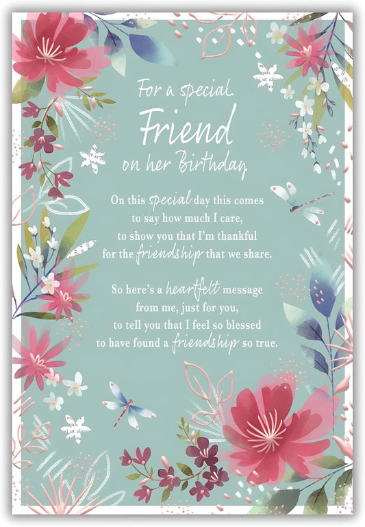 Friend Birthday Card - Sage Green with Pink Flowers and Dragonflies