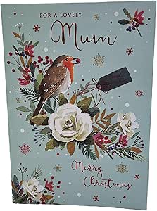 Christmas Card for Mum featuring charming robin bird perched among white roses, winter berries