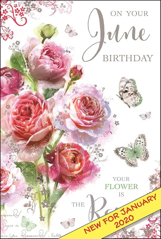 This Jonny Javelin June Birthday Card - Pink Roses Artistic Female Birthday Card with Foil Flitter and Embossed Finish is a Greeting Card priced at £ 3.49 from Made To Be Treasured range. Produced by Jonny Javelin for excellent quality