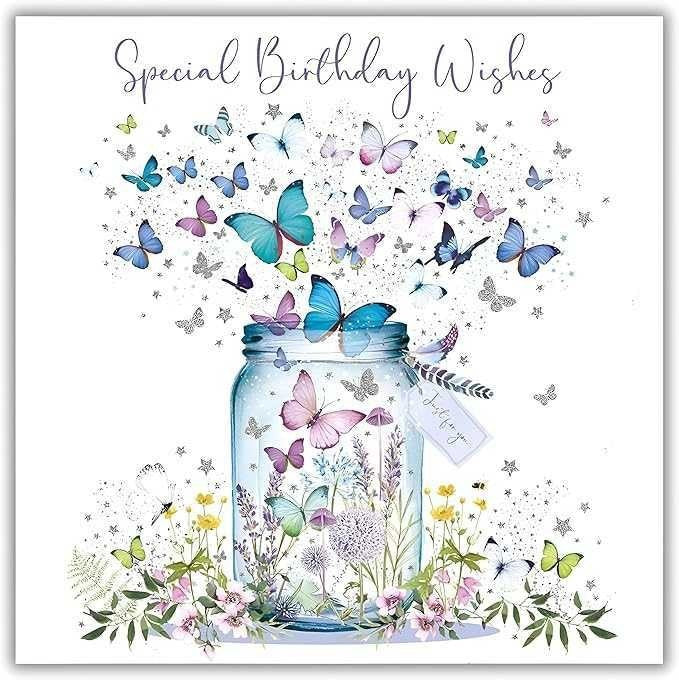 This 'Happy Birthday' Greeting Card - Butterfly Jar Illustration - With A Silver Foil Finish is a Birthday Card priced at £ 2.49 from Made To Be Treasured range. Produced by Nigel Quinney for excellent quality