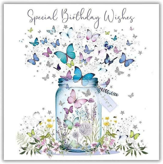 This 'Happy Birthday' Greeting Card - Butterfly Jar Illustration - With A Silver Foil Finish is a Birthday Card priced at £ 2.49 from Made To Be Treasured range. Produced by Nigel Quinney for excellent quality
