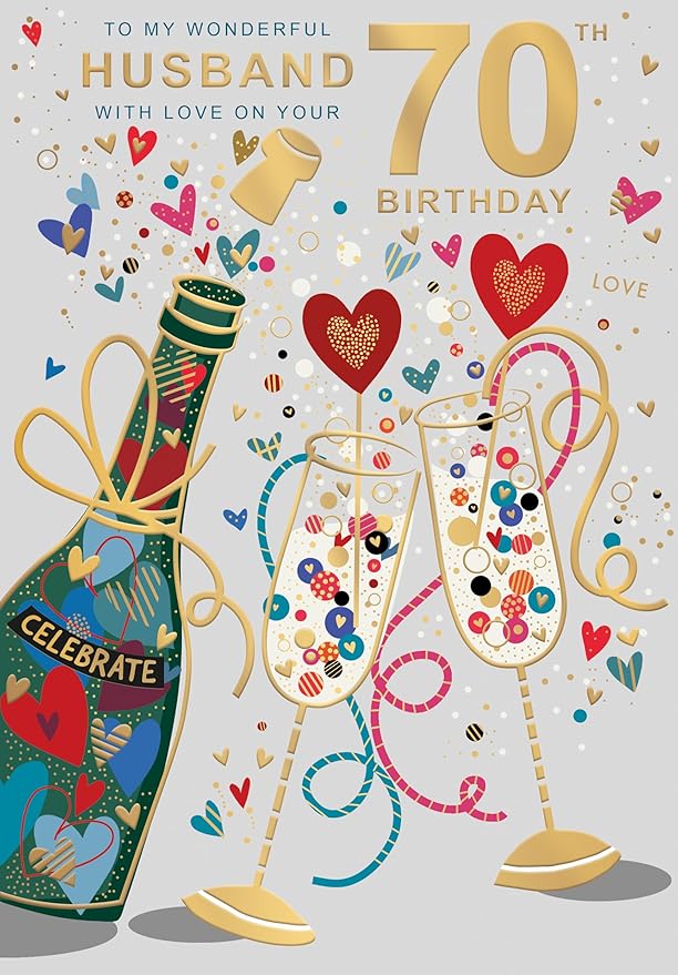 This 70th Birthday Card for Husband - Champagne Celebration Design with Love Message is a Birthday Card priced at £ 3.20 from Made To Be Treasured range. Produced by Words & Wishes for excellent quality