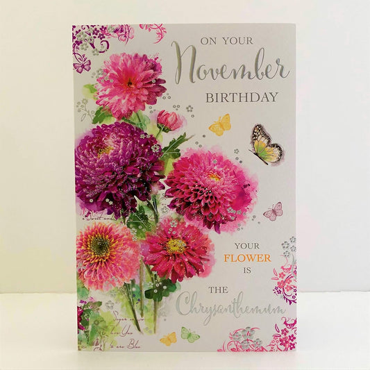 This Jonny Javelin November Birthday Card - Chrysanthemum Butterflies Artistic Female Birthday Card with Foil Flitter and Embossed Finish is a Greeting Card priced at £ 3.49 from Made To Be Treasured range. Produced by Jonny Javelin for excellent quality