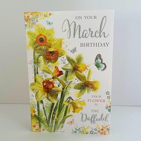 This Jonny Javelin March Birthday Card - Daffodil Flower Artistic Female Birthday Card with Foil Flitter and Embossed Finish is a Greeting Card priced at £ 3.49 from Made To Be Treasured range. Produced by Jonny Javelin for excellent quality