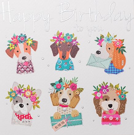 Lovely Floral Dogs Happy Birthday Card - Made With Love Greeting Card - UK Made