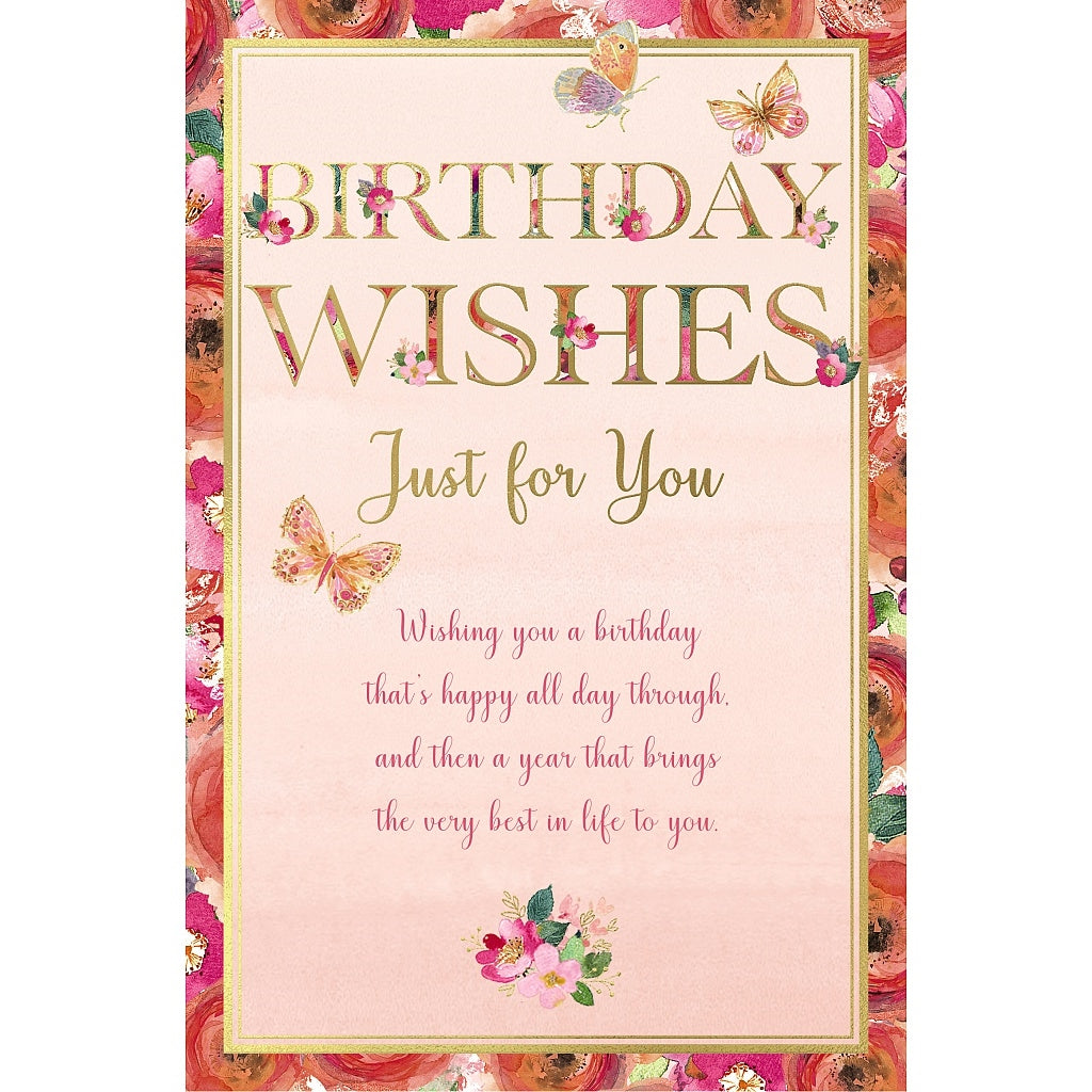 Birthday Wishes Open Birthday Card - Floral Design With Gold Foiling