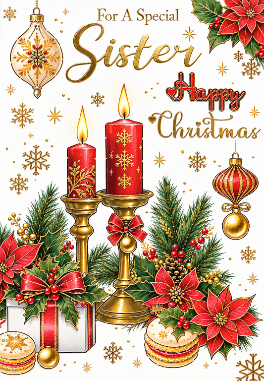 Special Sister Christmas card front with restored gold foil and red candles