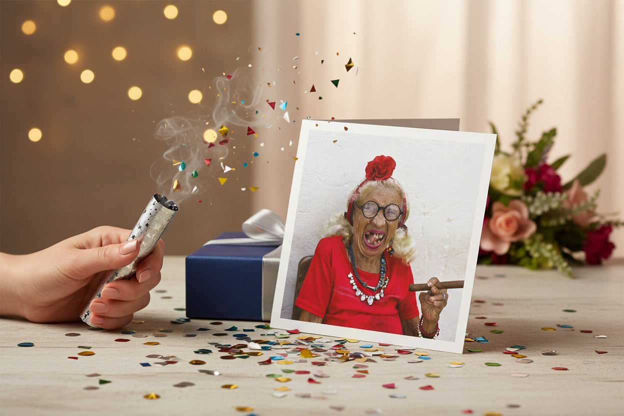 Funny Laughing Old Lady Blank Greeting Card by Tracks Publishing
