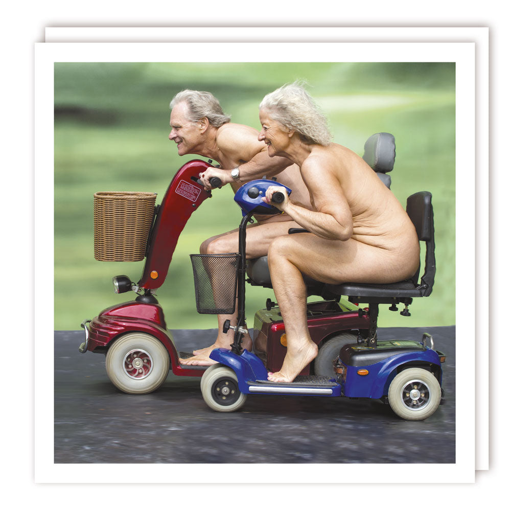 Funny Mobility Scooter Race Blank Greeting Card by Tracks Publishing
