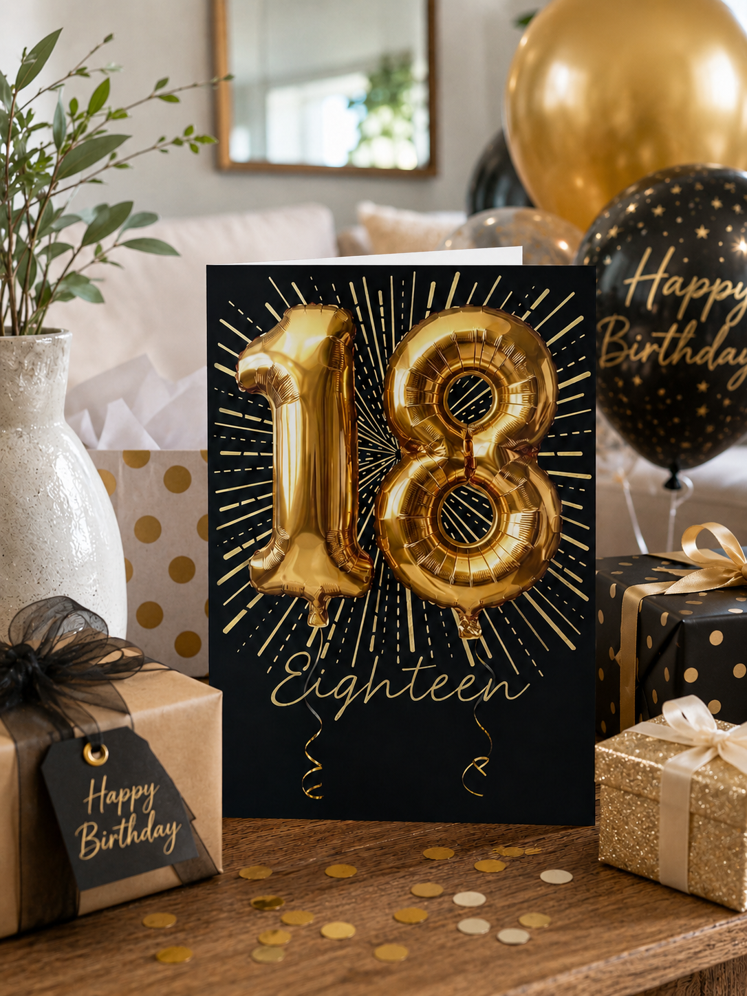 Abacus 18th Birthday Card | Luxury Gold Balloon Design | Premium Blank Greeting Card | 16cm Square
