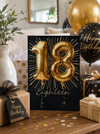 Abacus 18th Birthday Card | Luxury Gold Balloon Design | Premium Blank Greeting Card | 16cm Square