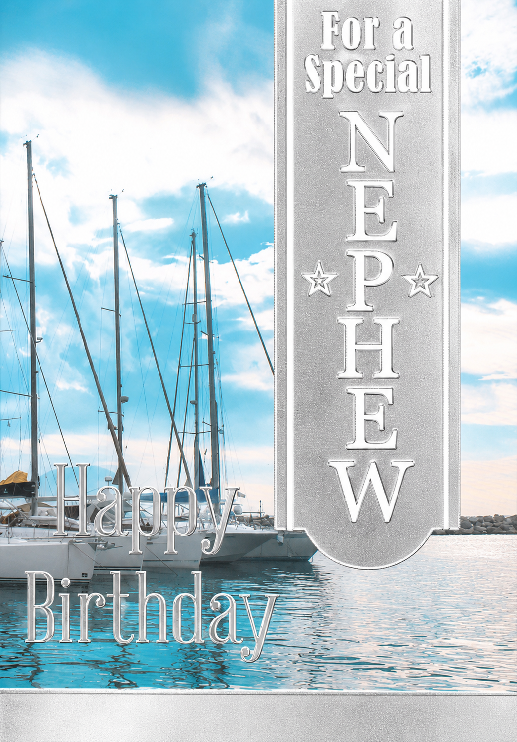 Special Nephew Birthday Card – Marina Boats Design with Silver Foil