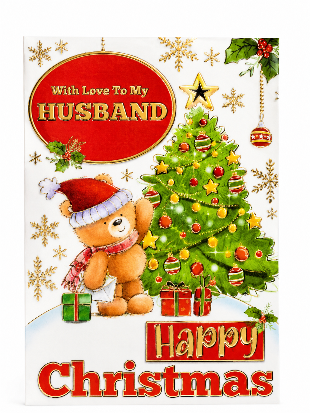Christmas card for Husband featuring teddy bear and decorated Christmas tree festive design