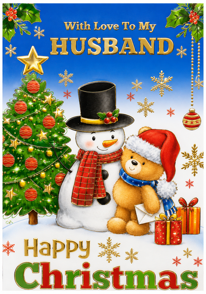 Christmas Card For Husband | Snowman & Teddy Bear Xmas Card