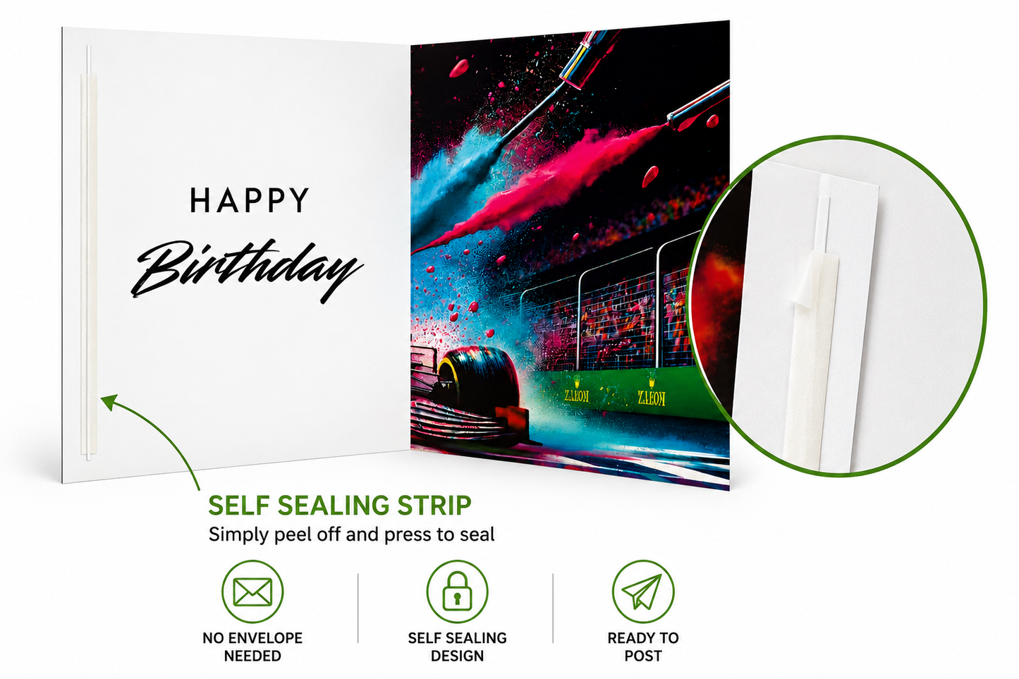Racing Car Birthday Card Eco Friendly Trifold Self Sealing Keepsake Card