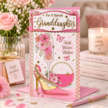 Special Granddaughter Birthday Card – Pink Floral & Gold Foil