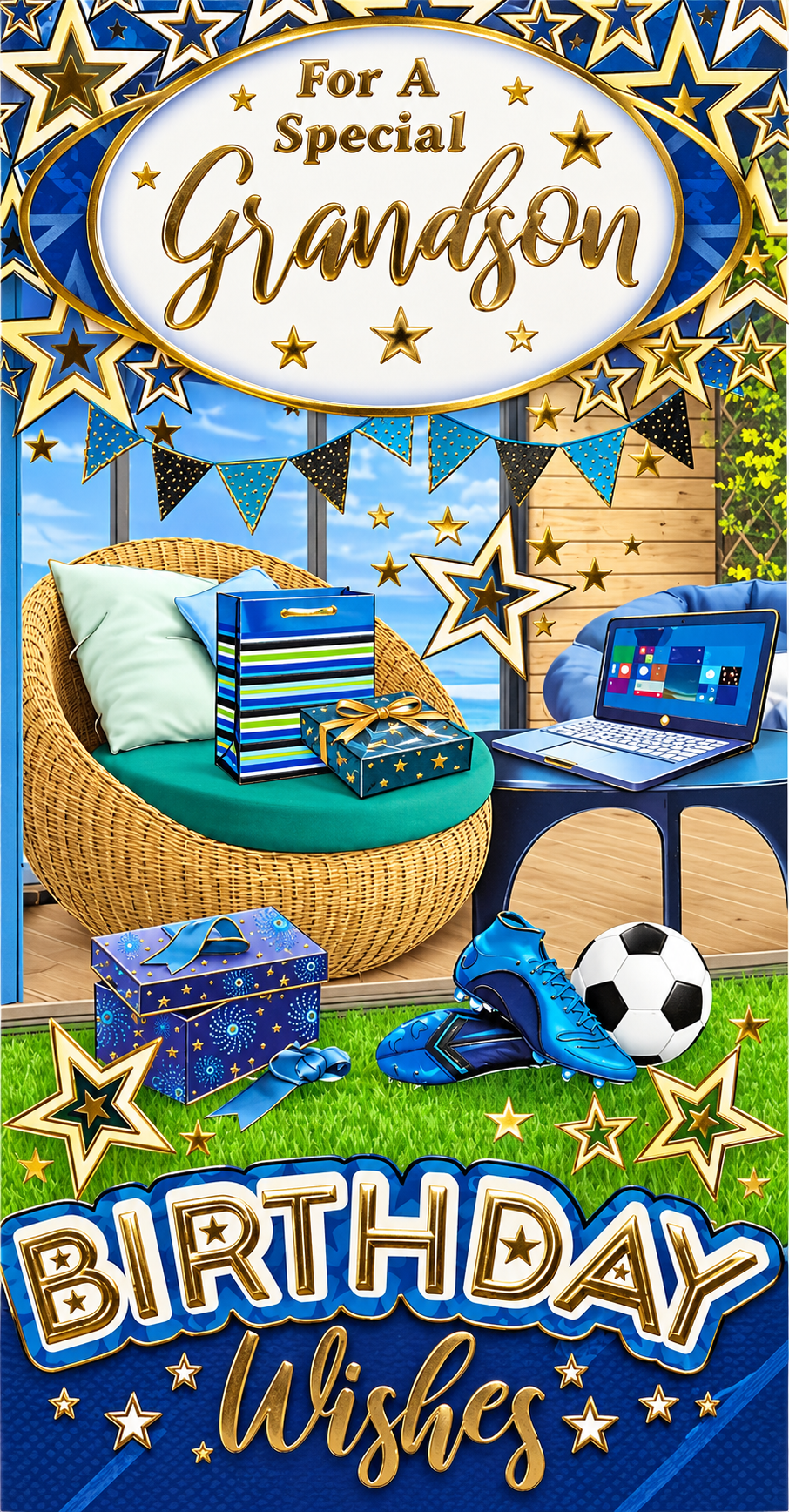 Large grandson birthday card with football design and gold foil