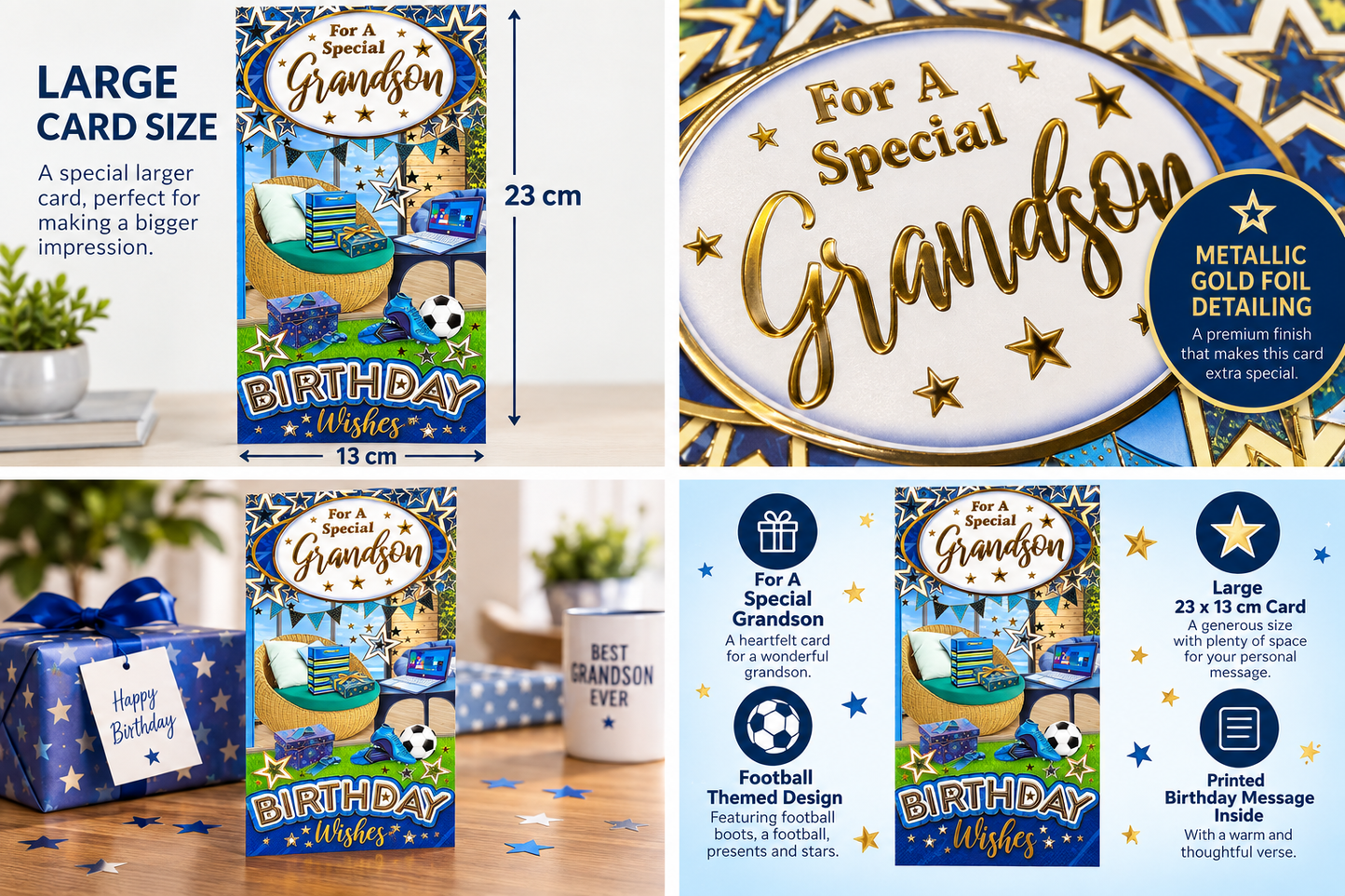 Grandson Birthday Card – Large Football Card with Gold Foil