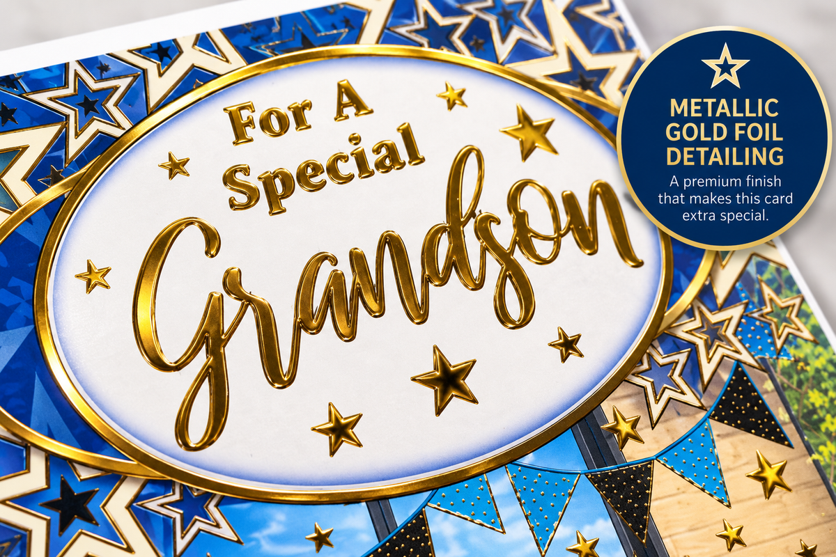 Metallic gold foil detail on grandson birthday card