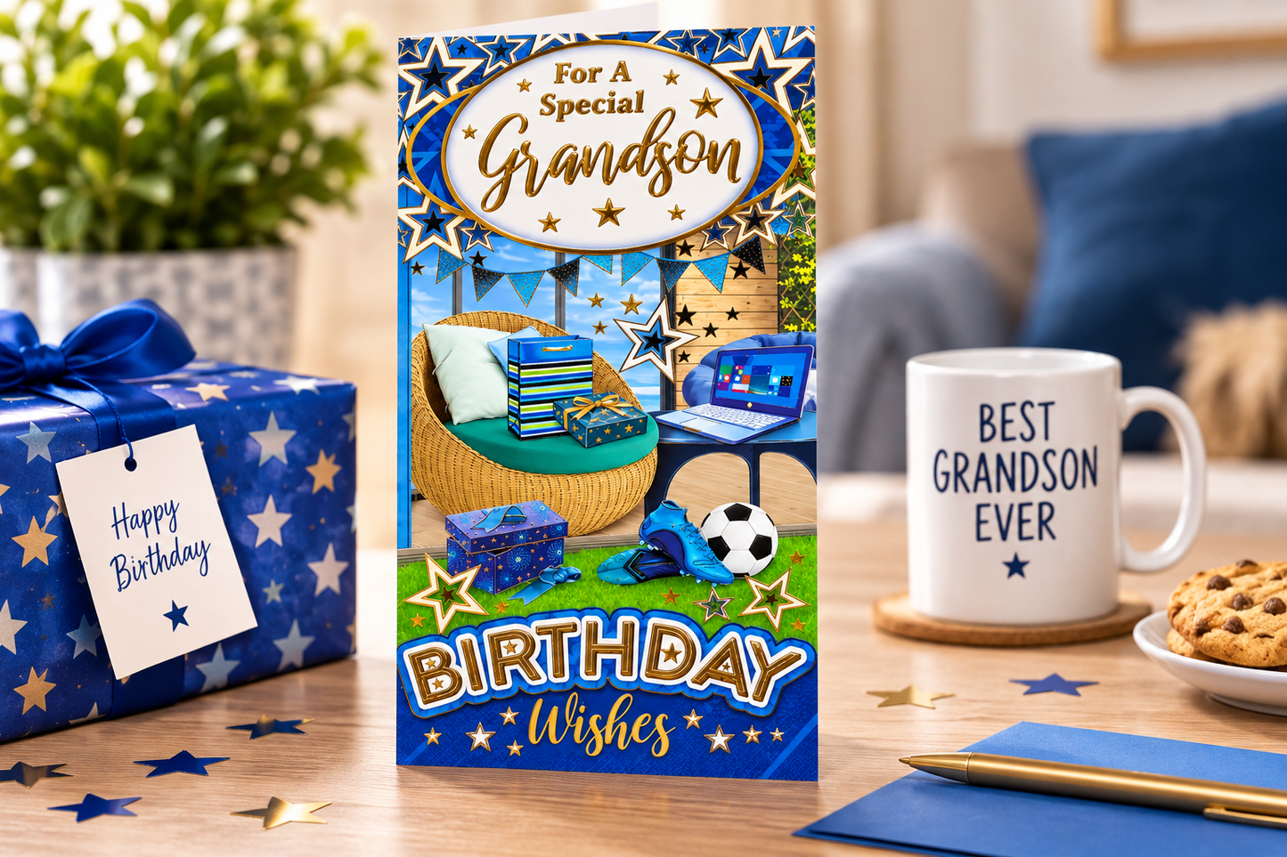 Grandson football birthday card displayed with birthday gifts