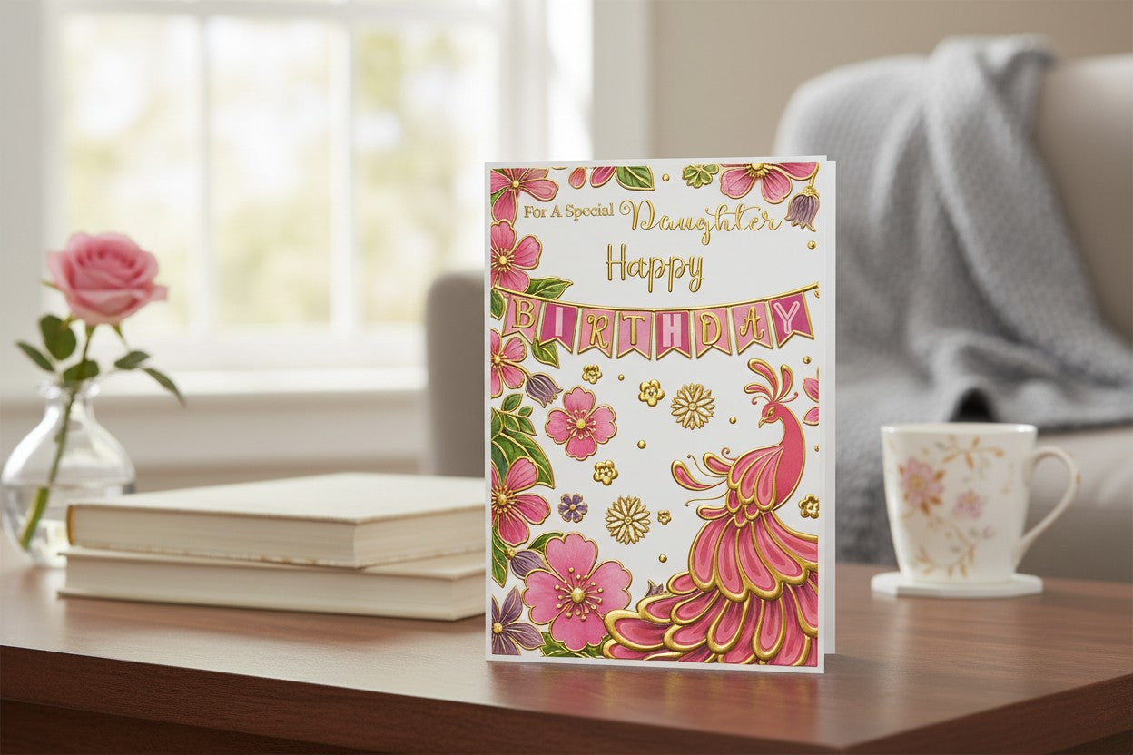 Special Daughter Birthday Card – Floral Peacock Design with Gold Foil