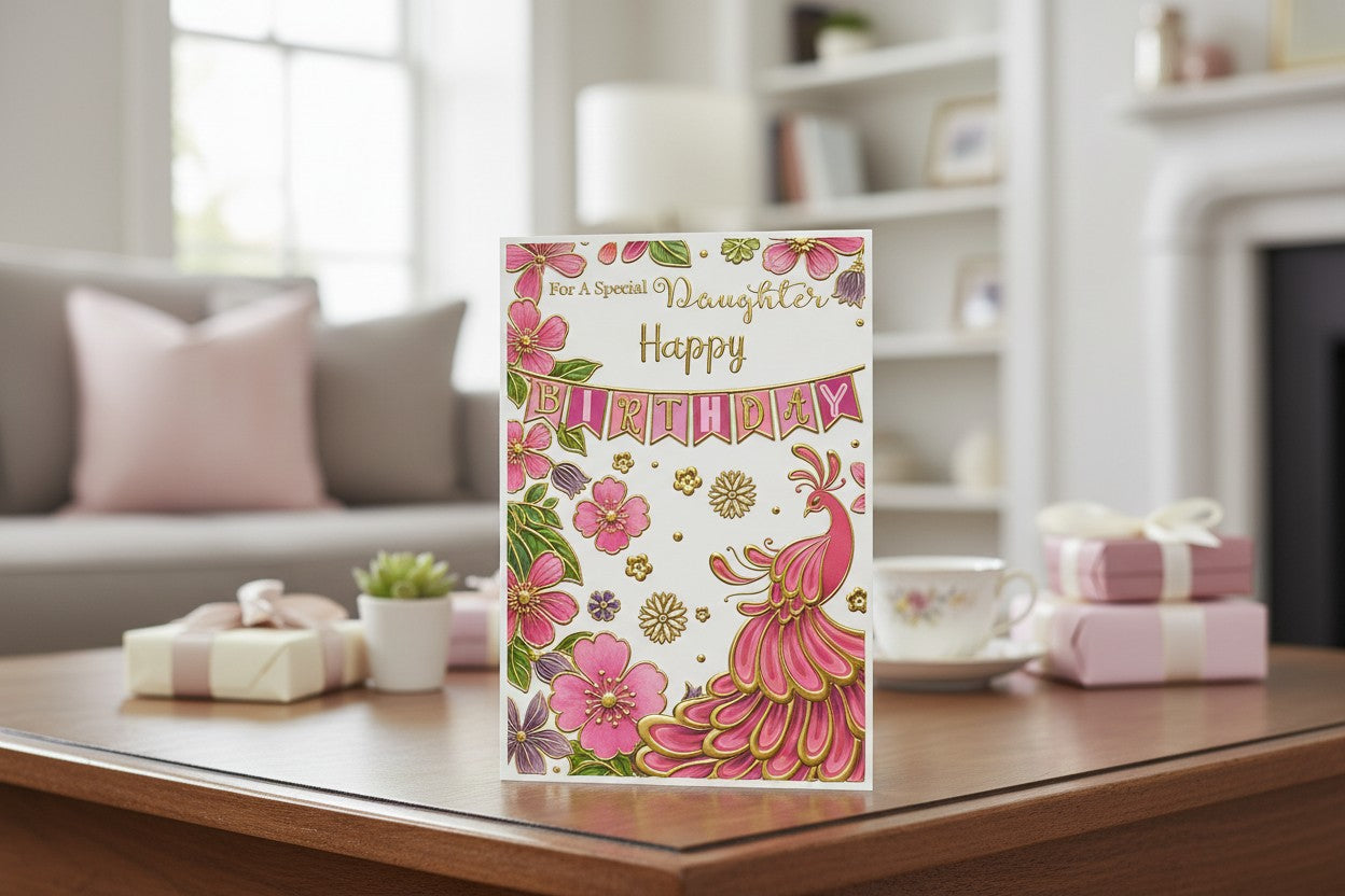 Special Daughter Birthday Card – Floral Peacock Design with Gold Foil