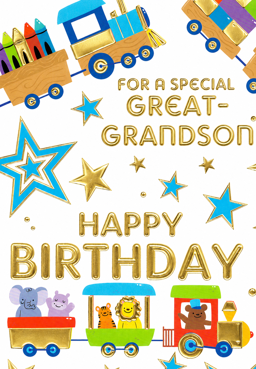 Great-Grandson Birthday Card – Train & Animal Design with Gold Foil