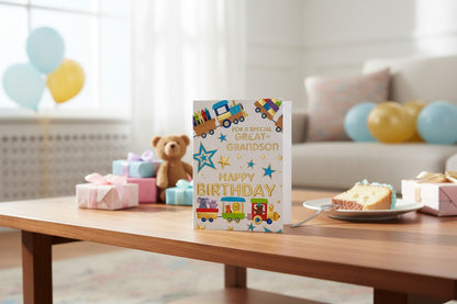 Great-Grandson Birthday Card – Train & Animal Design with Gold Foil