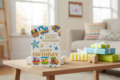 Great-Grandson Birthday Card – Train & Animal Design with Gold Foil