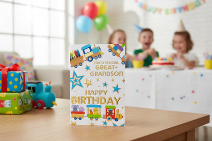 Great-Grandson Birthday Card – Train & Animal Design with Gold Foil