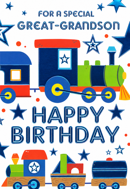 Great-Grandson Birthday Card – Train Design with Blue Foil