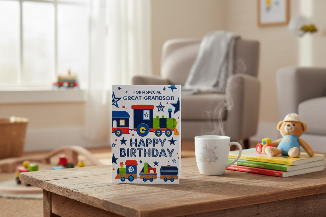 Great-Grandson Birthday Card – Train Design with Blue Foil