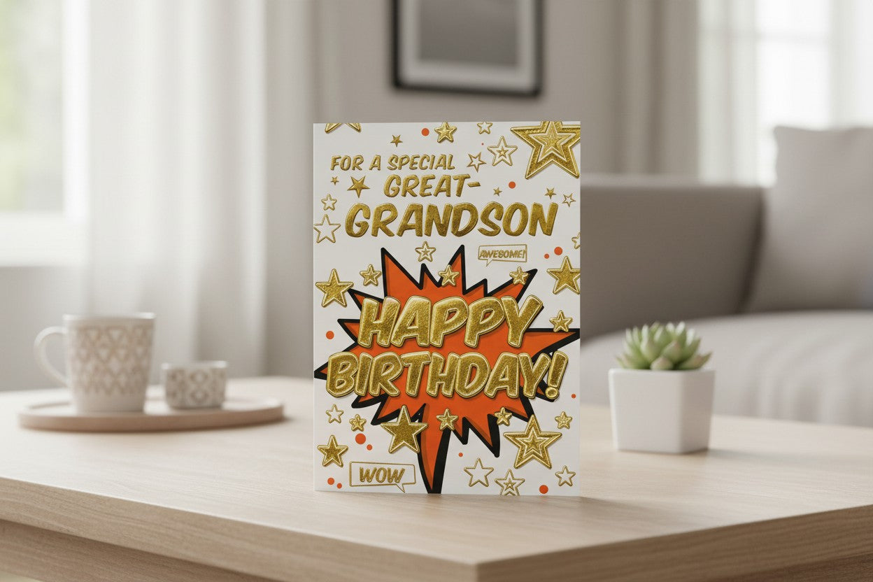 Great-Grandson Birthday Card – Comic Style Design with Gold Foil