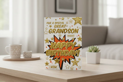 Great-Grandson Birthday Card – Comic Style Design with Gold Foil
