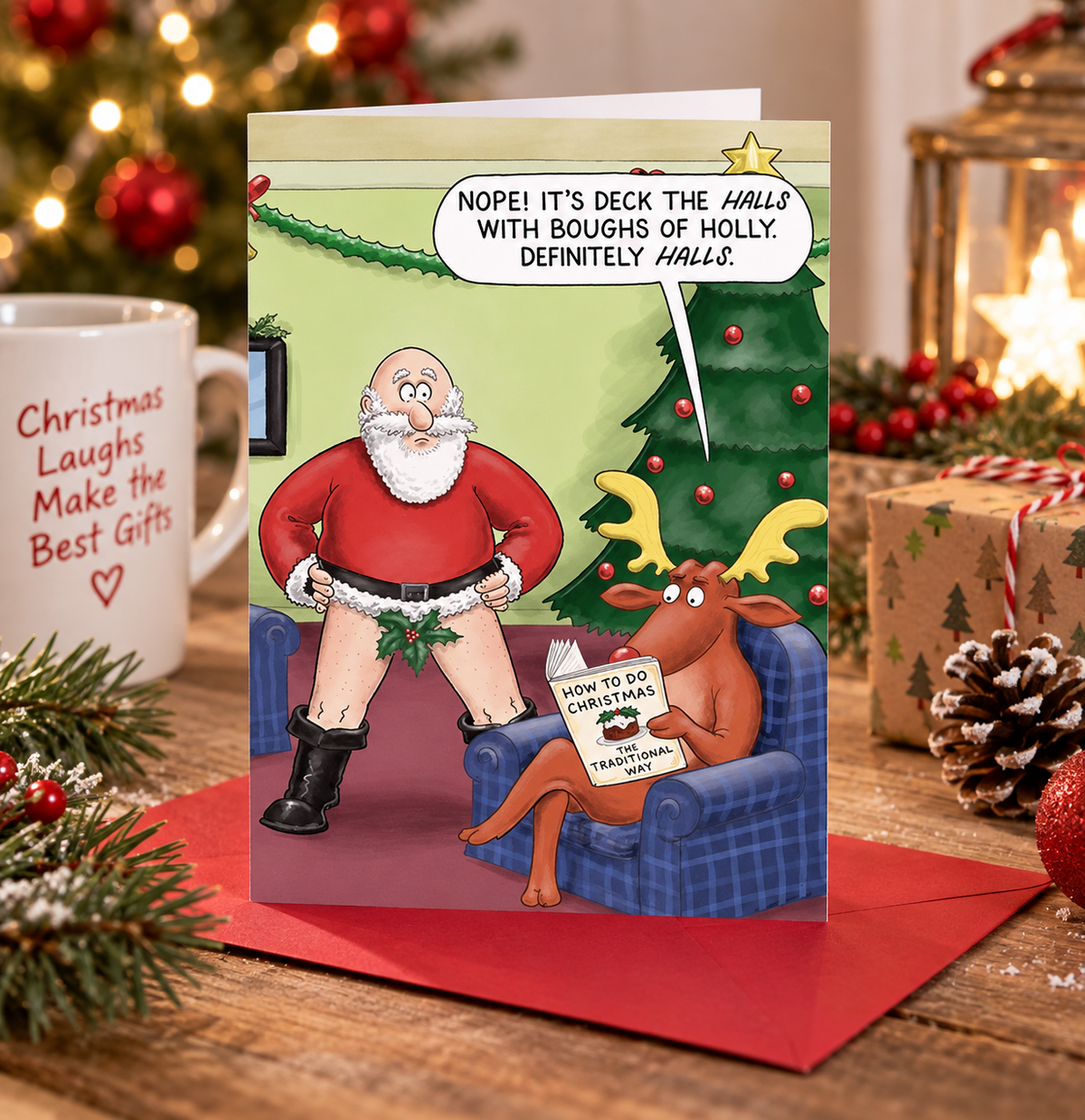 Paperlink Funny Santa Christmas Card – Deck the Halls Joke
