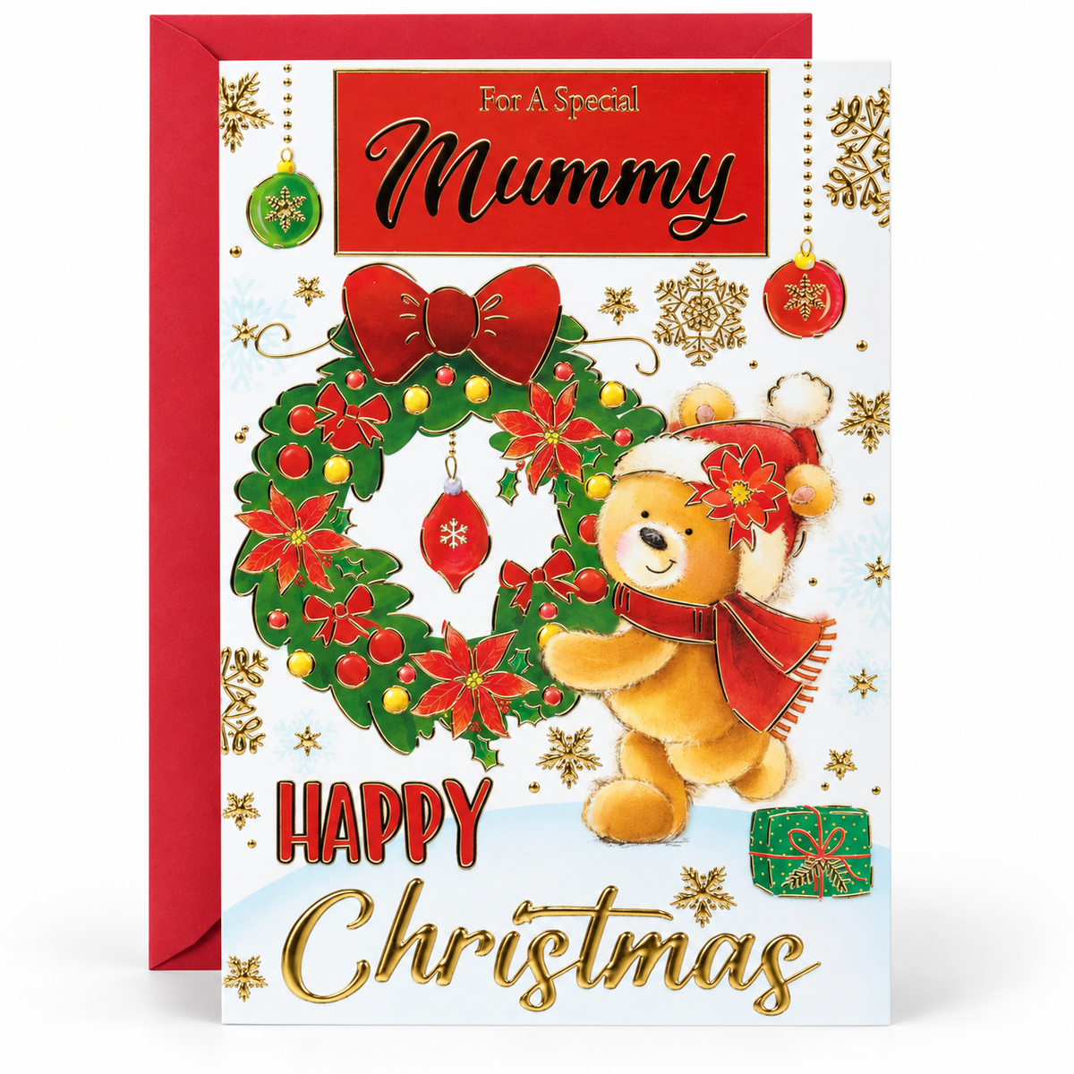 Mummy Christmas card with teddy bear, festive wreath and gold foil