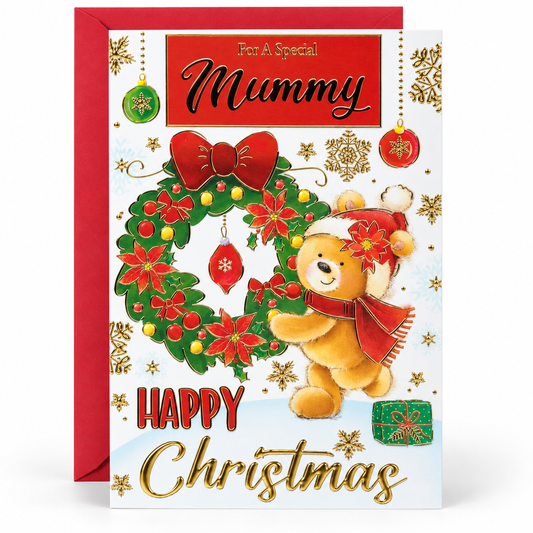 Mummy Christmas card with teddy bear, festive wreath and gold foil