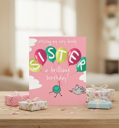 Lucilla Lavender Sister Birthday Card | Colourful Balloon Birthday Card