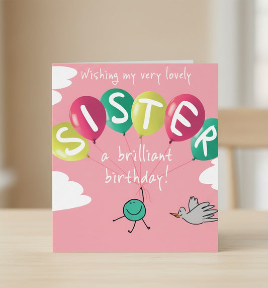 Lucilla Lavender Sister Birthday Card | Colourful Balloon Birthday Card