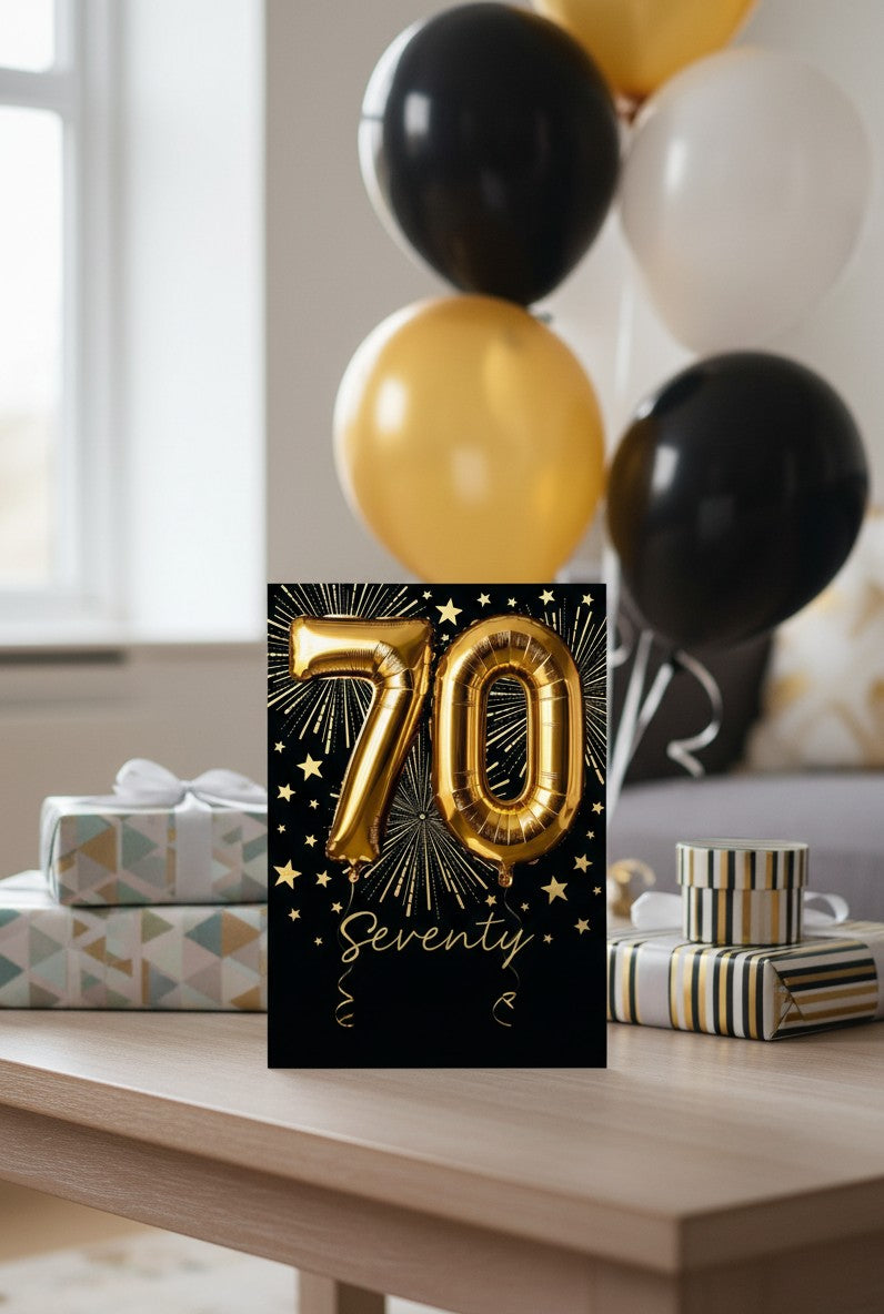 Abacus 70th Birthday Card | Luxury Gold Foil Balloon Milestone Birthday Card