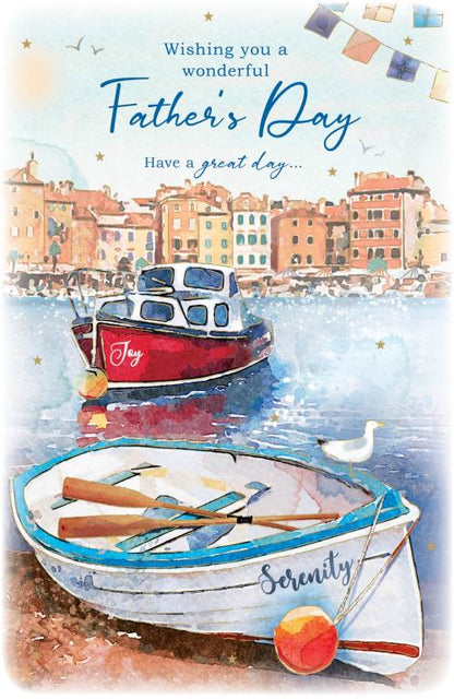 Father's Day greeting card featuring a watercolor illustration of a Cornish harbor scene. A red fishing boat named 'Joy' and a turquoise rowing boat float on sparkling blue water. Traditional terracotta-roofed waterfront houses line the background, and a seagull rests nearby. Text reads 'Father's Day' and 'Have a great day' with decorative stars.