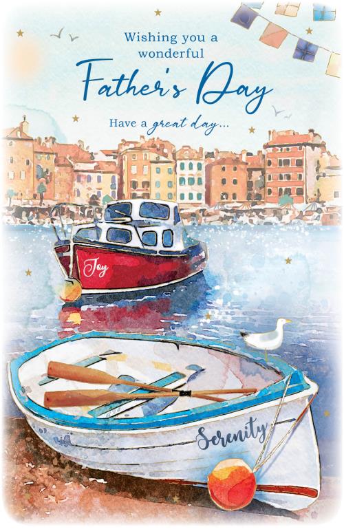 Father's Day greeting card featuring a watercolor illustration of a Cornish harbor scene. A red fishing boat named 'Joy' and a turquoise rowing boat float on sparkling blue water. Traditional terracotta-roofed waterfront houses line the background, and a seagull rests nearby. Text reads 'Father's Day' and 'Have a great day' with decorative stars.